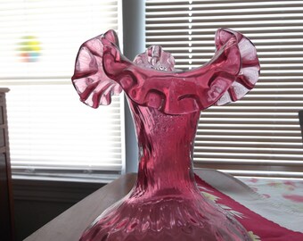 Vintage Large cranberry Fenton glass vase ruffled top,Vintage Fenton Cranberry glass Ruffled top thumbprint bottom vase