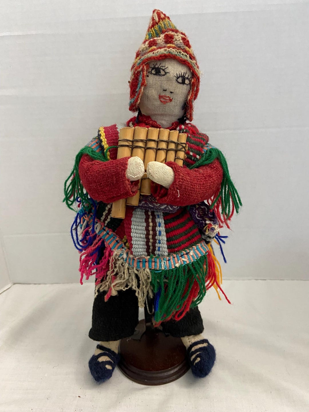 Vintage Handmade Folk Art Doll Tall on Stand Holding a Pan Flute ...