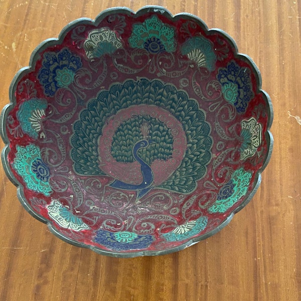 Vintage enameled brass peacock bowl,vibrant colors  Peacock Bowl Scallop Edge, Pedestal Trinket Dish