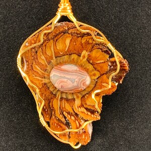 May include: A pendant featuring a slice of brown, textured wood with a central oval-shaped, banded agate stone in shades of white, gray, and reddish-brown. The piece is encased in a gold-colored wire wrap with a loop at the top for a necklace.