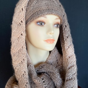 New Hand knitted lace ombré women&#39;s cowl, snood, neck warmer, long infinity scarf, with a cabled headband, gift for her