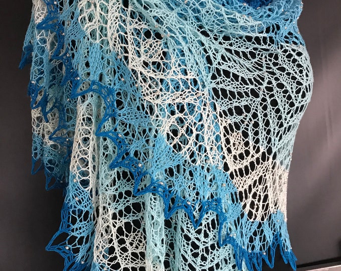 Lace shawl. Hand knitted lace shawl with beads, beaded shawl, blue knitted shawl, Gift for Her/Mother’s Day