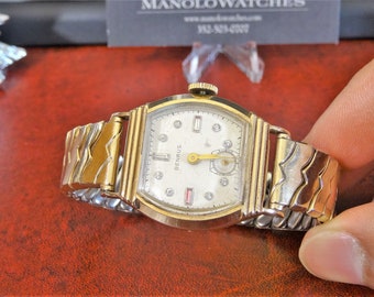 Vintage 1950s Benrus Men's Watch, 10K R.G.P Bezel, Diamond Dial