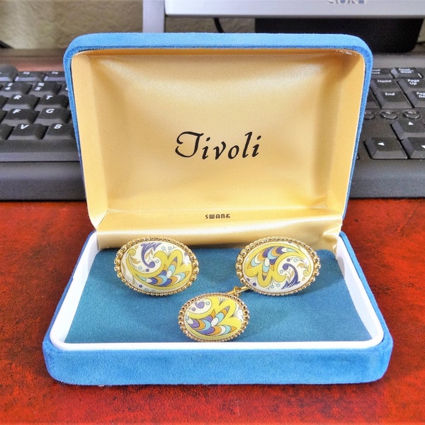 Vintage Swank Tivoli Gold Tone Mens Cufflinks & Tie Tack with Blue Case!