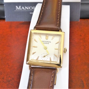 Vtg 1940s Universal Geneve 18K Rose Gold 16-J Men&#39;s Watch w/ 18mm Leather Band