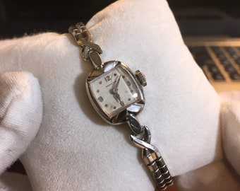 Vintage Hamilton 10K White Rolled Gold Plated Ladies Watch w/ Steel Band!