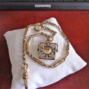 Antique Rose Gold Filled 17.35g Pocket Watch Chain w/ Fob Locket with Diamond!