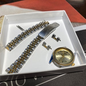 Retro 1983 Citizen Presidential Two-Tone Movt#6000-075692 Serial#360145 Tank Gold Tone Quartz Ladies Watch with OEM band (parts or repairs)