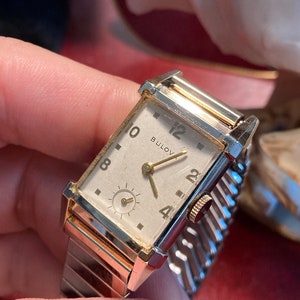 Vintage 1940s Bulova Engraved Tank 10K Gold Filled Winding Men's Watch w/ 15mm Stretch GF SS Band!