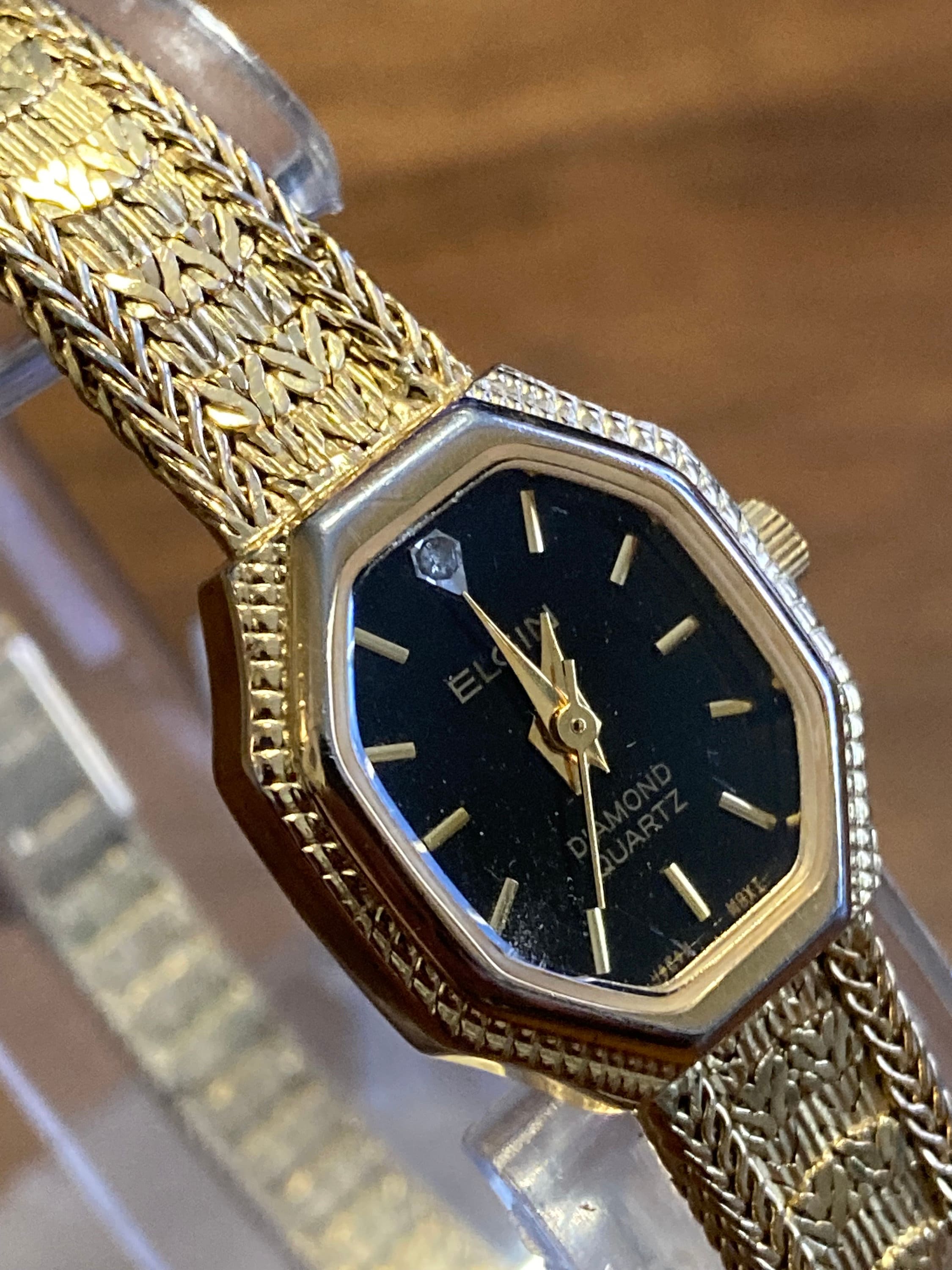 Retro 1980s Elgin Diamond Dial EK-760-017 Gold Tone 5Y30