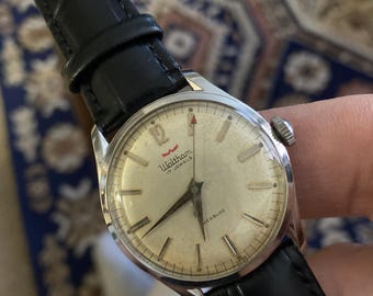 Vintage Waltham Swiss herenhorloge uit de jaren 60, 17 juwelen, leren band