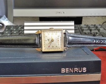 Vintage 1950s Benrus Square 10K Gold Filled Mens Watch with 16mm Leather Band