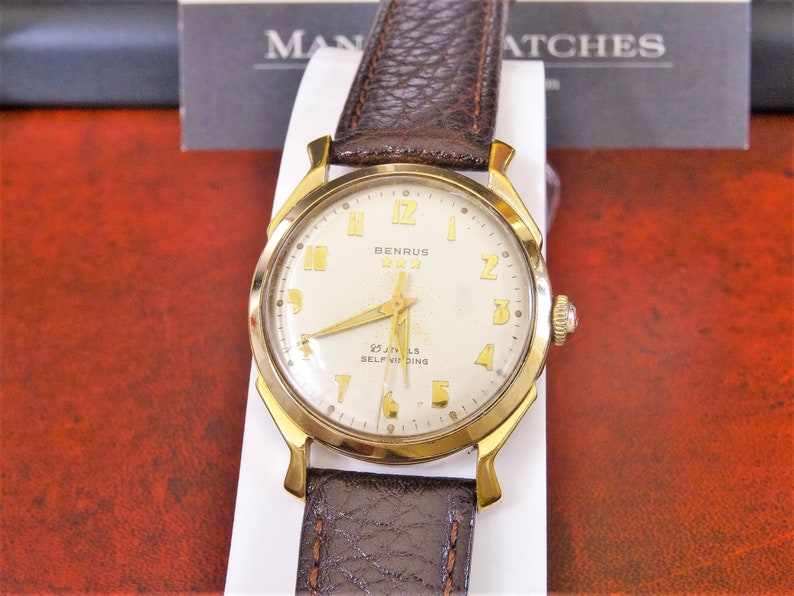 Vtg Benrus G.F. 3 Star Automatic Swiss 25J Men's Watch W/ 18mm Leather