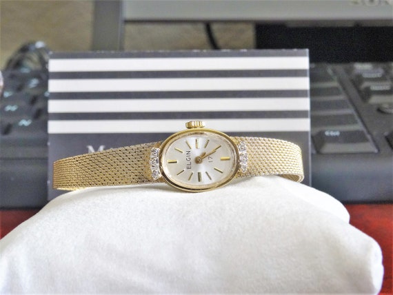 Vintage 10K GF Diamond Accent Ladies Elgin Swiss Wind Up Watch 8\