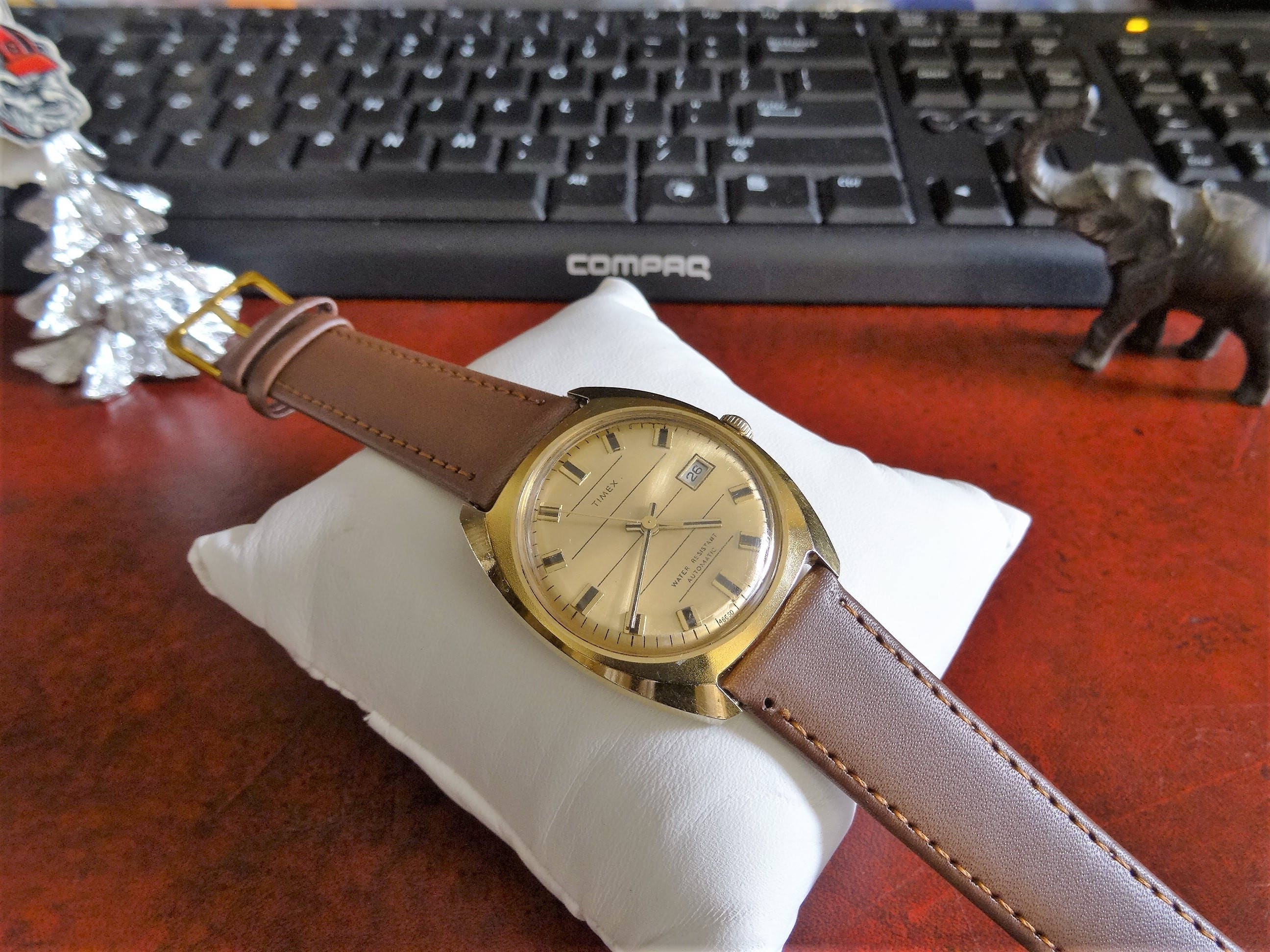 1973 Timex Viscount Men\'s Automatic WR Watch 46561 3273 Gold Tone Leather Band Timex Viscount Automatic - Etsy main image 3