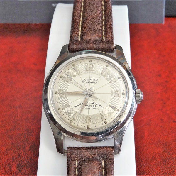 Vintage Lugano Langel Automatic 17-Jewels Incabloc Men's Watch w/ 16mm Leather Band!