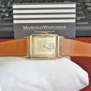 Vtg 1940&#39;s Bulova 10K Gold Filled Hand Winding Ladies Watch w/ 16mm Leather Band