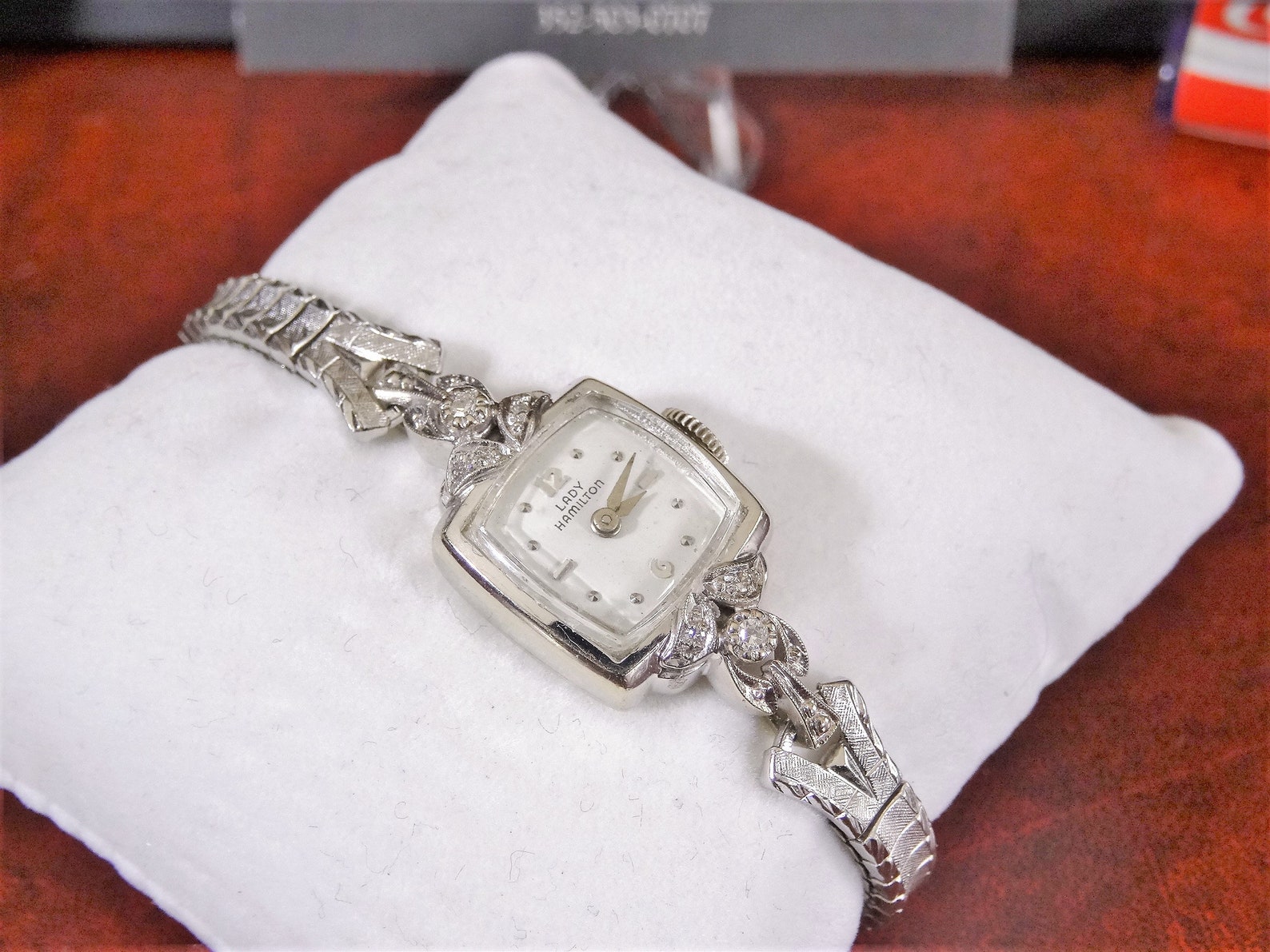 Vtg Lady Hamilton 14K White Gold Biggs 6 Diamonds Ladies Watch Etsy
