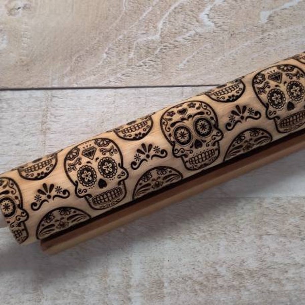 Embossed Sugar Skulls Rolling Pin for| baking | pottery | use on pie crust | sugar cookies | clay | kitchen decoration | great gift! | RP156