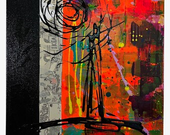 May include: Abstract painting on canvas featuring a black figure in the centre. The background is a mix of bright colours, including red, orange, yellow, green, and purple. There is a newspaper clipping on the left side of the painting.