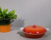 Vintage email DRU Holland jaren 1950 Le Creuset style gietijzeren pan met deksel ovenschaal oranje retro