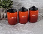 Vintage enamel coffee tea sugar canisters orange with new wooden lid