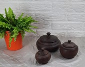 Set van 3 houten Potjes met Deksel Teak Vintage