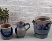 Vintage set van 3 stuks Keuls Aardewerk, zoutvat, 2ltr vat,schenkkan