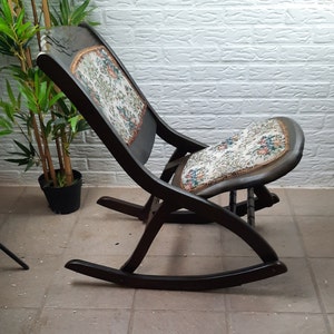 Unique folding rocking chair with vintage Gobelin seat and back