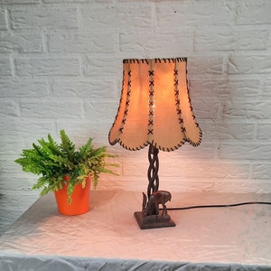 Mid-Century Teak Table Lamp with leather Shade Vintage