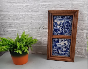 Unique Set of 2 Delft Blue Tiles in frame of Oak 'the Landman' 'de Hovenier'