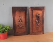 Set van 2 Koperen Wandpanelen met vogels vintage uit de jaren '60