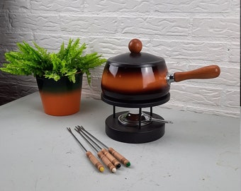 Retro Fondue set, pan with burner and forks vintage
