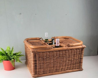 Grote bamboe Picnickmand met flessenrek '70