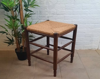 Stool vintage Charlotte Perriand style, oak with rush seat