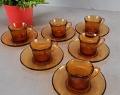 Set van 6 Duralex Vereco Kop en schotel Amber new old stock