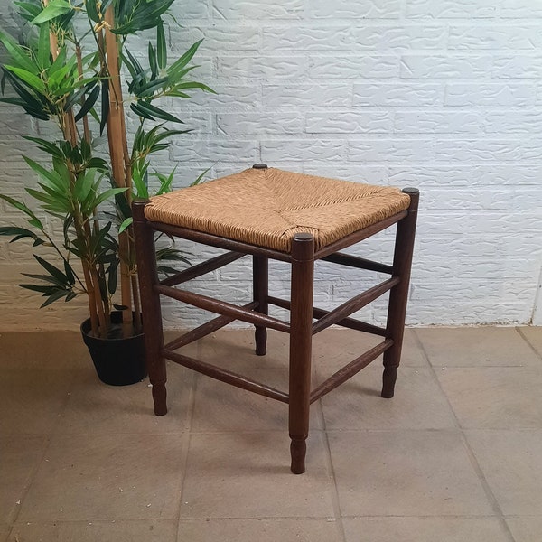 Stool vintage Charlotte Perriand style, oak with rush seat