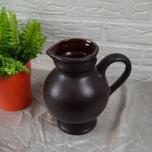 Puede incluir: Una jarra de cerámica marrón oscuro con un cuerpo redondeado, un asa y un pico. La jarra se asienta sobre una base y tiene un acabado liso y brillante. A la izquierda hay una pequeña maceta naranja con plantas verdes.