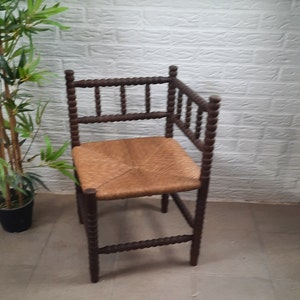 Vintage Oak Corner Chair with wicker seat