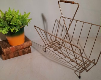 MCM Magazine Rack Brass Color with Bamboo Handle Vintage