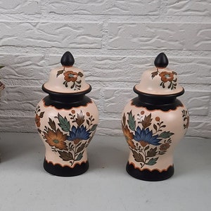 Set of 2 Plateel vases with lid Flora Gouda vintage