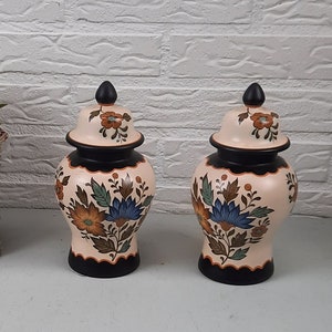 Set of 2 Plateel vases with lid Flora Gouda vintage image 1