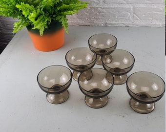 Set of 6 Smoke glass Ice cups fruit bowls Arcopal France vintage