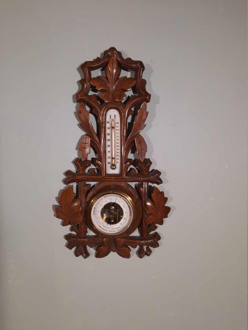 Hand Wood Carving Holosteric Barometer, J.M.Schmidt Optician Amsterdam Antic image 6