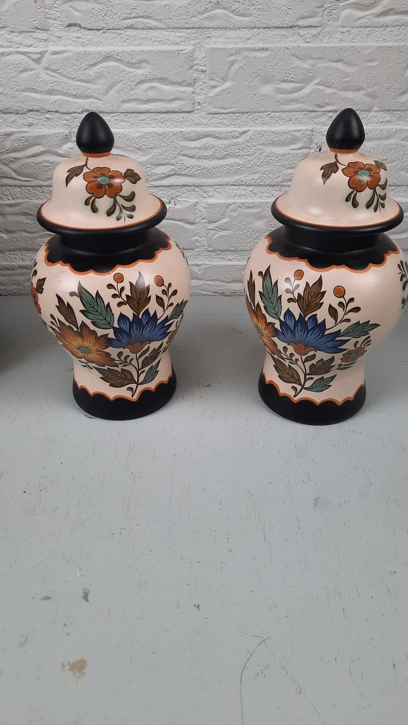 Set of 2 Plateel vases with lid Flora Gouda vintage image 4