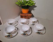 Set van 6 Arcopal Fruits de France Kop en schotel, soepkommen, theekopjes, koffiekopjes vintage