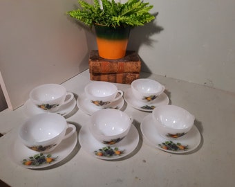 Set of 6 Arcopal Fruits de France Cup and saucer, soup bowls, tea cups, coffee cups vintage