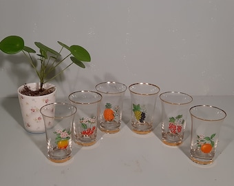 Set of 6 Antique Liqueur glasses with golden edge and fruit motif