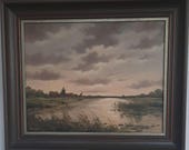 vintage Handpainted Oilpainting Schilderij Hollands landschap Gesigneerd: D v d Velde