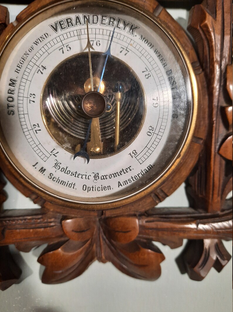 Hand Wood Carving Holosteric Barometer, J.M.Schmidt Optician Amsterdam Antic image 4